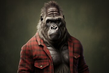Portrait of a gorilla dressed in a lumberjack suit, generative ai	