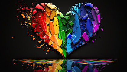 Künstlerisch abstrakte Herzform mit Farbspritzern in den Farben der Regenbogenflagge der LGBT-Bewegung (Lesbian, Gay, Bisexual and Transgender). (Generative AI)