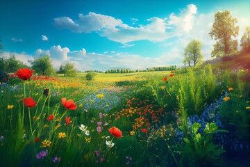 Beautiful Spring Landscape With Colorful Wildflowers In A Green Meadow On A Blue Day. Generative AI