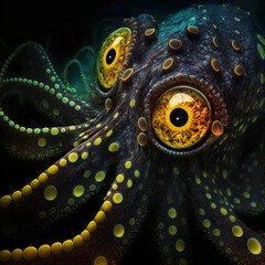 Black skin octopus with glowing yellow eyes bonding with human