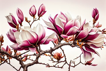 Magnolia Flowers In Full Bloom As Panorama Background. Generative AI