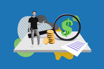 Collage 3d pinup pop retro sketch image of professional confident guy pointing finger enlarging loupe isolated painting background