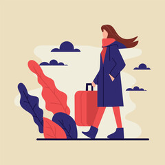 vector illustration with the concept of a woman traveling with a suitcase

