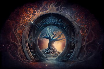 Sacred Fantasy Tree Of Life With Afterlife Portal Gate Leading To Divine Mystery . Home Shrine Of Ancient Astral Soul In Deep Dark Chakra Forest At Beautiful Night . Admirable Image. Generative AI