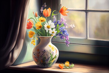 Vase With Spring Flowers On A Windowsill. Generative AI