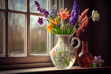 Vase With Spring Flowers On A Windowsill. Generative AI