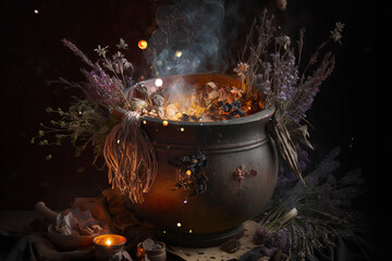 Green witch floral cauldron, witchcraft magic wallpaper AI Generated - 579740735
