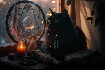 Mystery black cat with dreamcatcher, witchcraft magic light wallpaper AI Generated