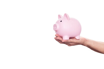 Man holding pink piggy bank isolated on white background with clipping path.