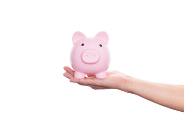 Man holding pink piggy bank isolated on white background with clipping path.