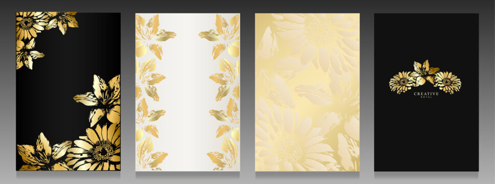 Luxury covers with gold flowers. Daisies and orchids silhouettes, gold and black, platinum and delicate pink. Elegant vector pattern, floral design, abstract botanical.