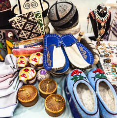 Felt handmade products in the national Kyrgyz style at the fair.