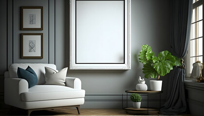 Mockup poster frame in minimalist interior background with dark wall.