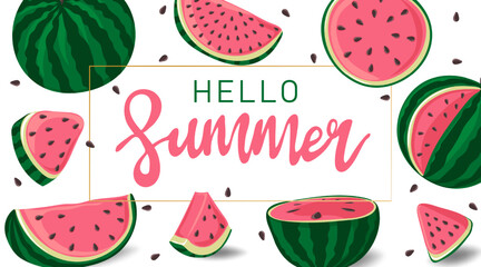 Hello Summer inscription on the background of watermelon. Green striped berry with red pulp and brown seeds. Design for banners, posters, card. Vector illustration