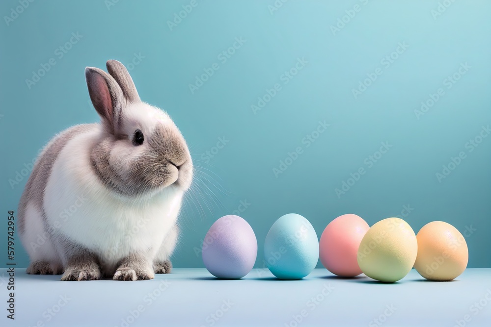 Wall mural little bunny with decorated eggs - easter card