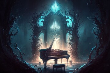 Fototapeta na wymiar The Majestic Dance of Lights and Tones from a Fantasy Piano Generative AI