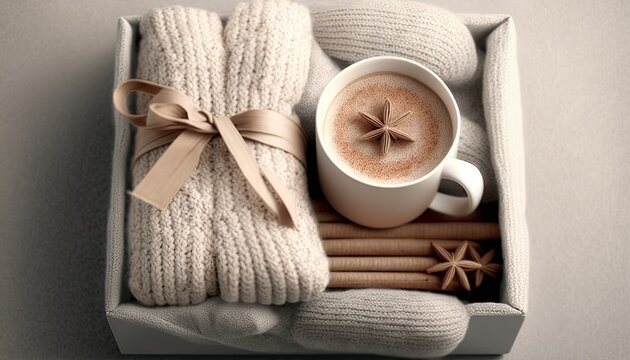 Gift Box, Coffee cup surrounded by cinnamon sticks, star anise and woolen clothing. Winter Theme