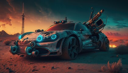 Fototapeta na wymiar Futuristic modern car wallpaper equipped with machine guns and missile launchers. Created with generative Ai technology
