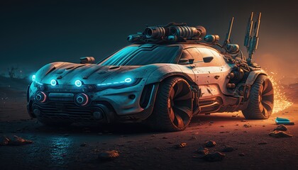 Futuristic modern car wallpaper equipped with machine guns and missile launchers. Created with generative Ai technology