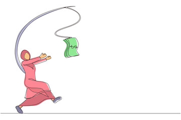 Single one line drawing greedy Arabian businesswoman or manager is running after money. Greedy woman in business blazer with attached rod and dollar. Continuous line design graphic vector illustration