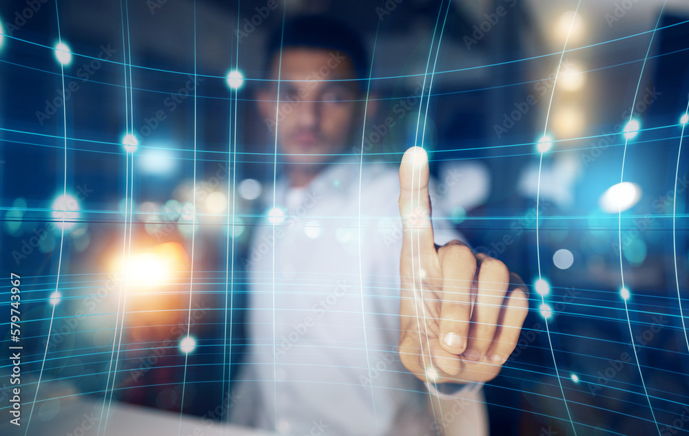Aufkleber Futuristic, hologram and touch screen interface, man in future technology digital overlay in virtual reality. Hand, biometric cyber business and innovation in ux design user on vr data points button.