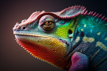 Fototapeta premium Chameleon with bright exotic coloration, close up portrait