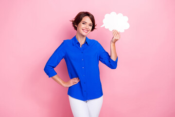 Photo of pretty lady toothy smile hand hold paper empty space cloud collage isolated on pink color background