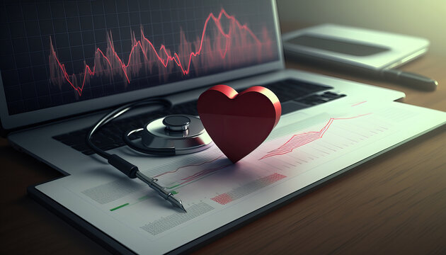 Doctor table with medicines, red heart. cardiograph showing on a on a medical laptop computer.