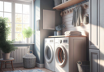Modern bright laundry room as interior design illustration (Generative AI)