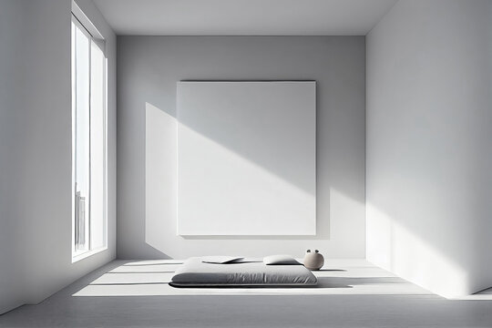 Modern minimalist white meditation room as interior design concept illustration with white empty picture frame mock-up for poster design(Generative AI)