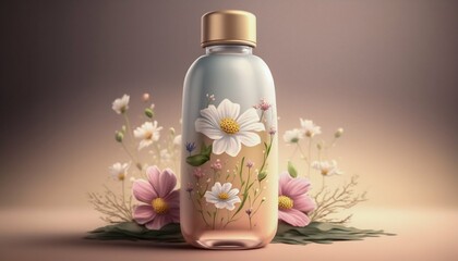 Obraz na płótnie Canvas Cosmetic product decorated flowers on solid background. Generative AI