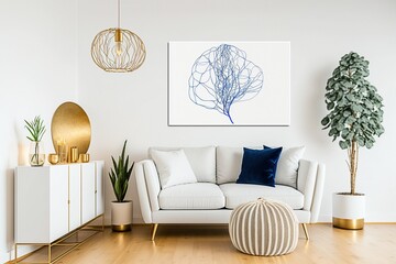 A Serene Living Room with Soft White Walls and Warm Wooden Floors AI Generated