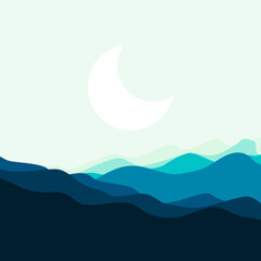 Obraz na płótnie Canvas Minimalist mountain wavy silhouette layers vector illustration with moon, suitable for background, illustration, banner, art, print, decoration.