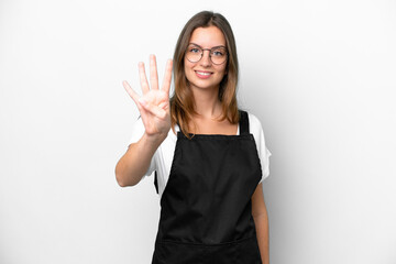 Young caucasian restaurant waiter woman isolated on white background happy and counting four with fingers