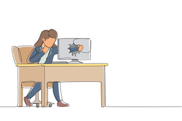 Single continuous line drawing angry businesswoman breaks her laptop computer hitting it with clenched fist sitting at desk. Frustrated woman punching hole in pc screen. One line graphic design vector