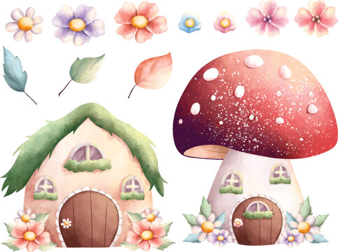 Watercolor illustration set of Flower and fairy house