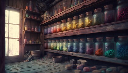 Fantasy theme. Glass jars on wooden shelves containing brightly colored objects. Pickles, food, paint