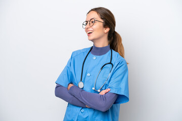 Young caucasian nurse woman isolated on white background happy and smiling