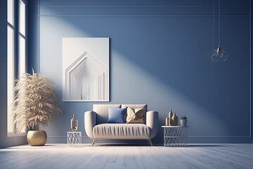 A Serene Living Room with Soft White and Blue Walls and Warm Wooden Floors AI Generated