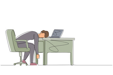 Continuous one line drawing professional burnout syndrome. Exhausted sick tired male manager in office sad boring sitting with head down on laptop. Single line draw design vector graphic illustration