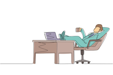 Single one line drawing young businessman work relaxed at desk and drink cup of coffee. Flat design of employee character working with laptop computer. Continuous line draw graphic vector illustration