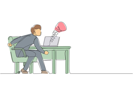 recommend clip art: Single continuous line drawing sad man using social media and being punched by boxing gloves from computer laptop. Cyber bullying, online harassment using social media. One line graphic design vector