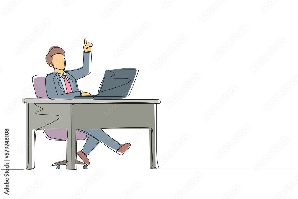 Poster single one line drawing businessman getting bright new idea while working with laptop on desk. male 