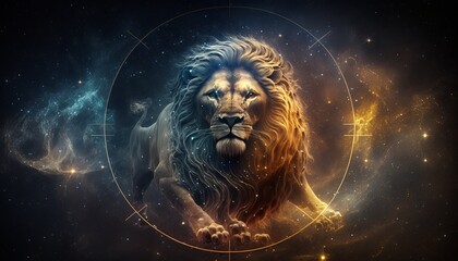 Zodiac sign of Leo, head of lion with magic light in star wheel