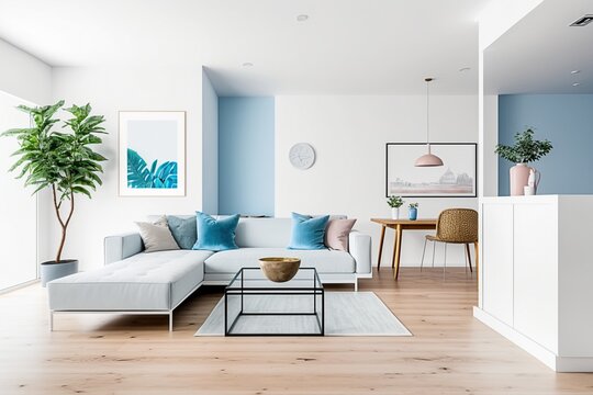 A Tranquil Living Room with Soft White, Blue Walls and Warm Wooden Floors AI Generated