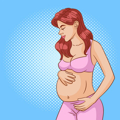 Color vector illustration in pop art style. Pregnant woman on a blue background. A young woman is preparing to become a mother. Conceptual poster about pregnancy and motherhood