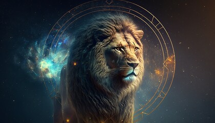 Astrological Leo (lion) sign on space background, fifth astrological sign in the zodiac. Concept of horoscope and fortune telling concept. - obrazy, fototapety, plakaty