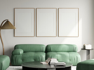 Three frames mockup in modern living room interior with green sofa, 3d render