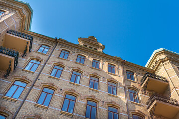 Beautiful exterior of a vintage luxury Swedish apartment building