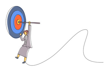 Continuous one line drawing businesswoman hanging arrow on target, business success concept. Businesswoman hanging arrow on target. Goal setting. Single line draw design vector graphic illustration